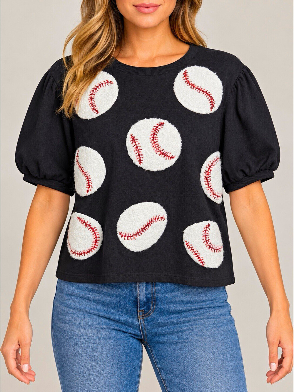 Peach Love California Women’s L Black Baseball Sequin Puff Sleeve Crew Neck Top